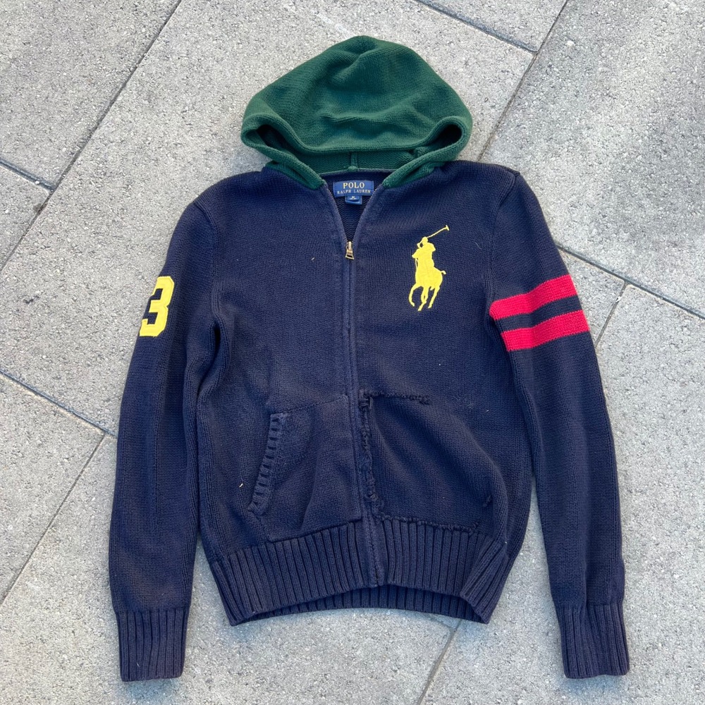 Polo Ralph Lauren Boys Navy Blue Big Pony Knit Zip Up Hoodie Green Hood Size M